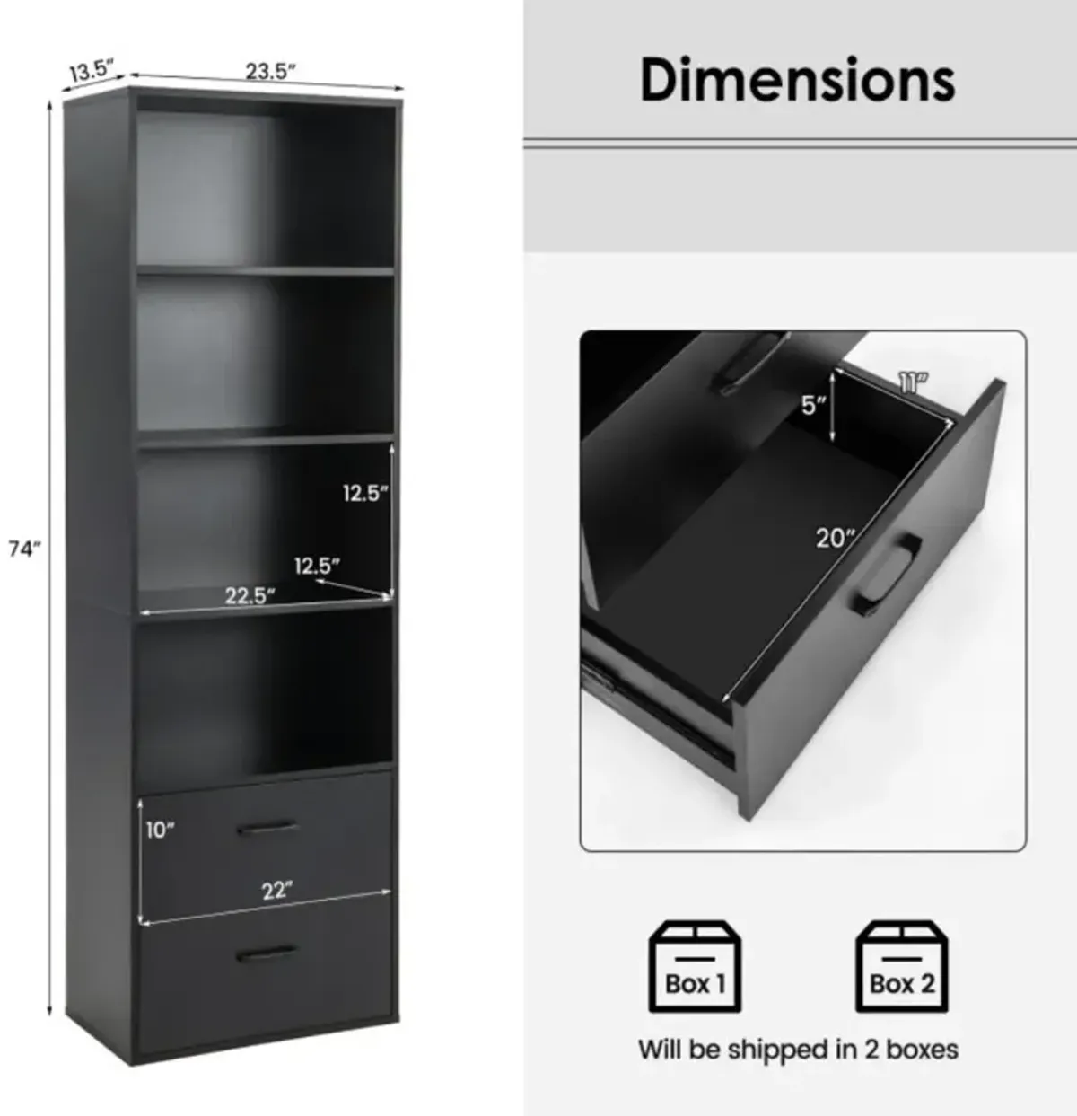 6-Tier Tall Freestanding Bookshelf with 4 Open Shelves and 2 Drawers