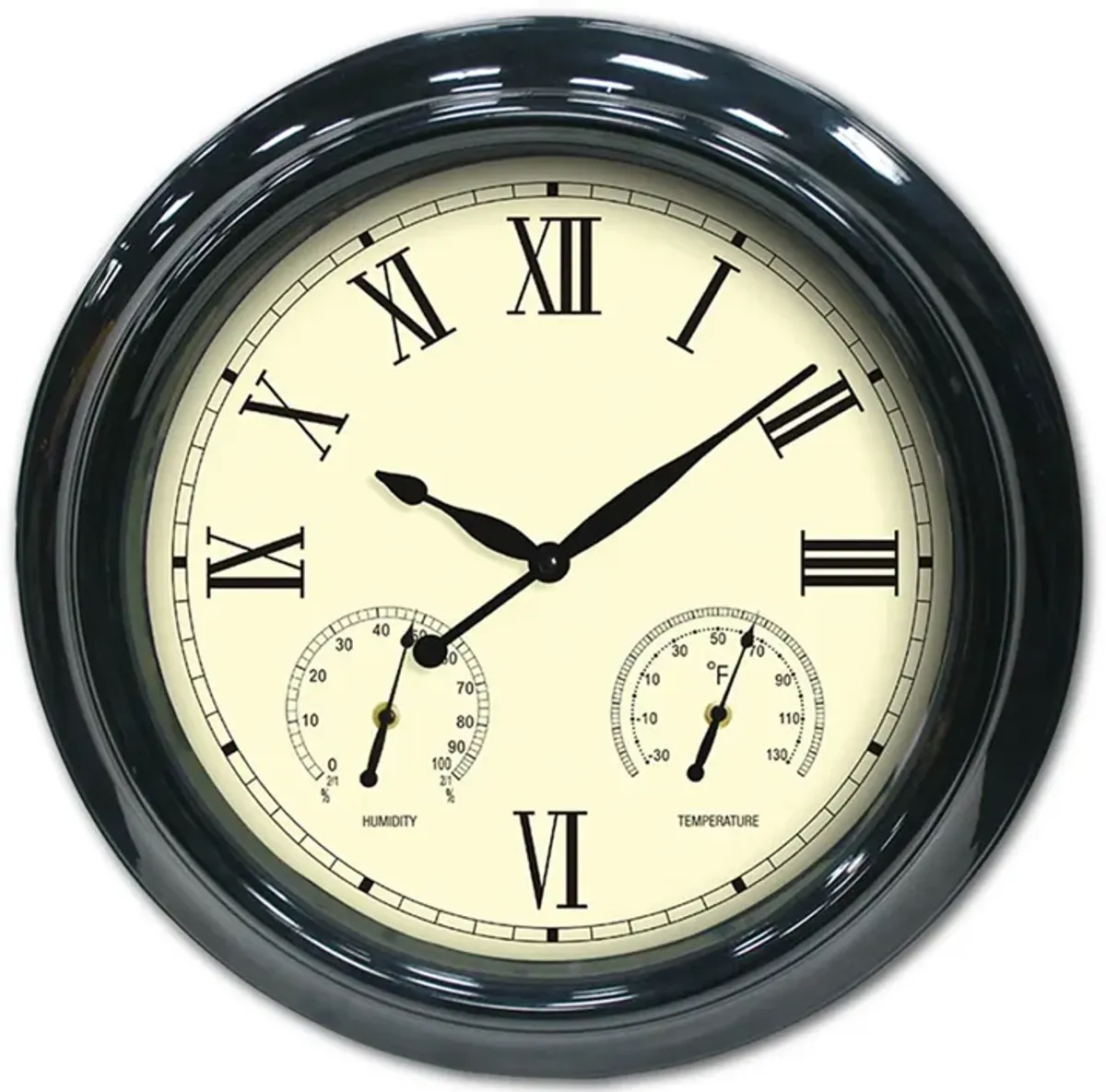 18" Black Outdoor Patio Wall Clock with Hygrometer and Thermometer