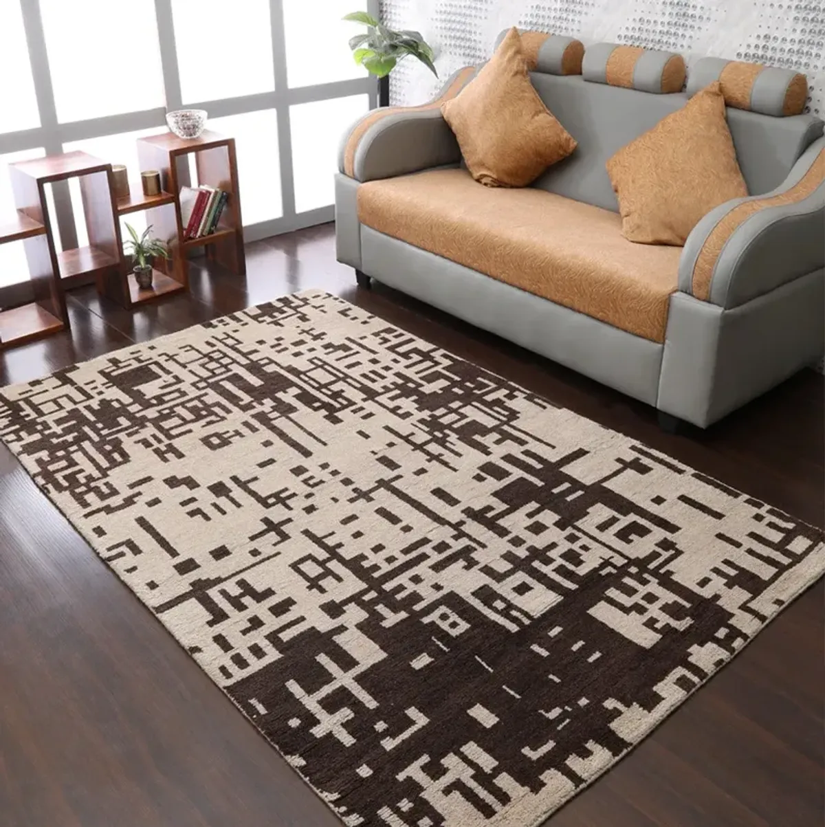 HAND KNOTTED WOOL Contemporary AREA RUGS  - 6'x9', Rectangle Shape, Beige Brown Color, Contemporary Modern, Medium Pile Handmade Area Rugs for Living Room, Bed Room (N01115)