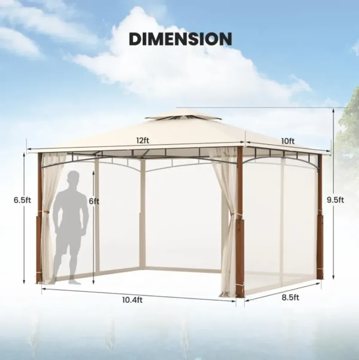 Hivvago 12 x 10 Feet Outdoor Patio Gazebo with Netting and 2-Tier Canopy Roof