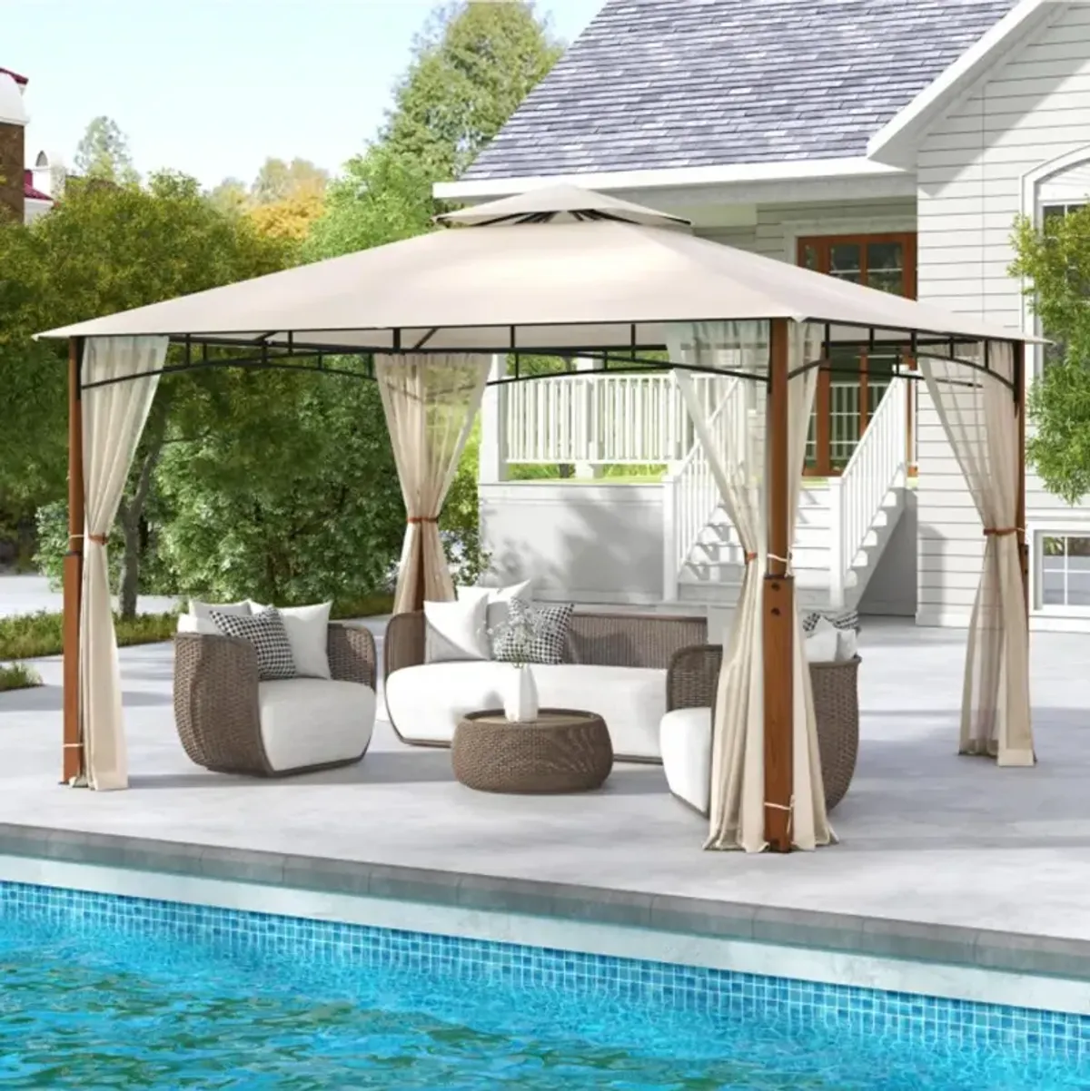 Hivvago 12 x 10 Feet Outdoor Patio Gazebo with Netting and 2-Tier Canopy Roof