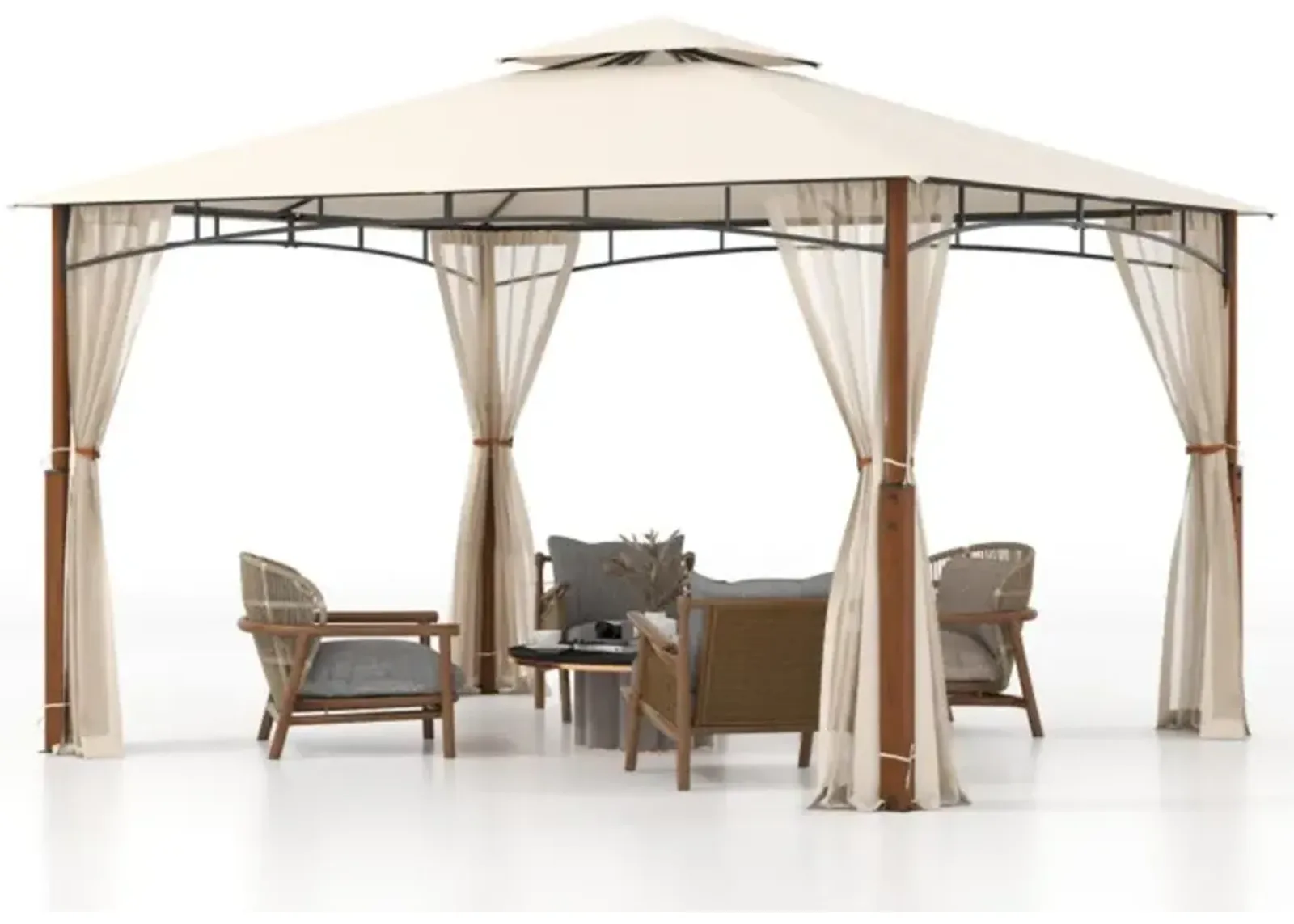 Hivvago 12 x 10 Feet Outdoor Patio Gazebo with Netting and 2-Tier Canopy Roof