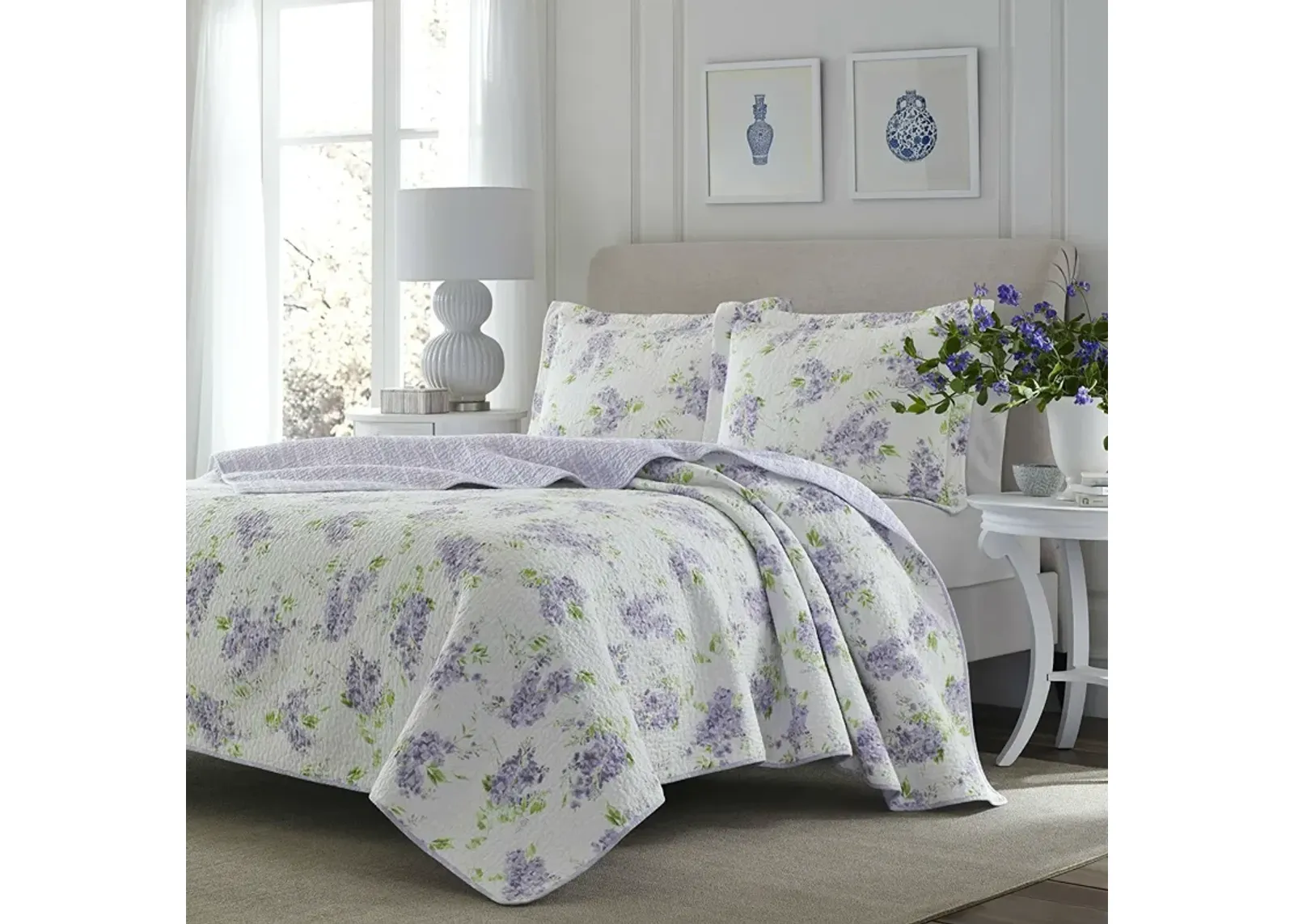 QuikFurn Full / Queen size 3-Piece Cotton Quilt Set with White Purple Floral Pattern