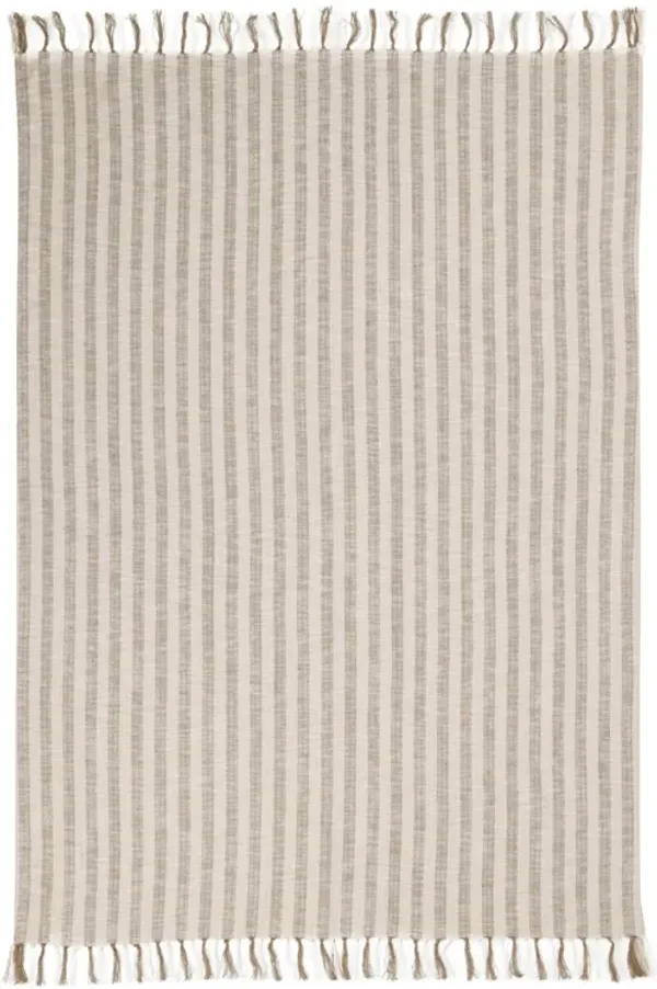 Rezza Throw Blanket, 50x70 Ivory White Cotton, Woven Stripes, Tassels - Benzara