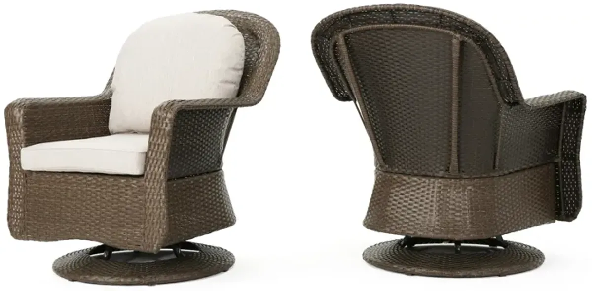 Kaia Outdoor Swivel Accent Chair Set of 2, Rattan Wicker Weave, Beige - Benzara