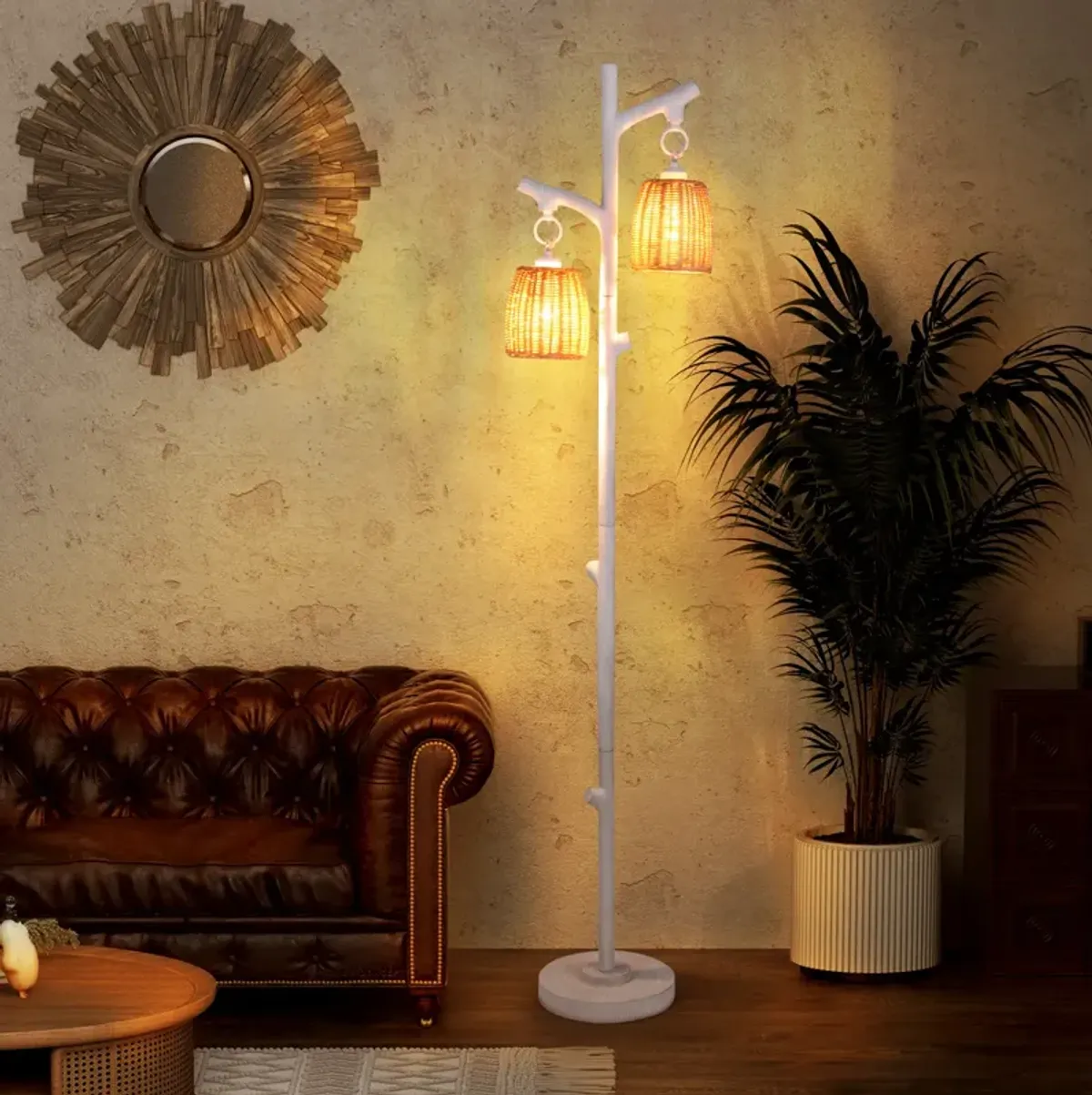 2 Light Tree Trunk Lamps with Wicker Shade-White