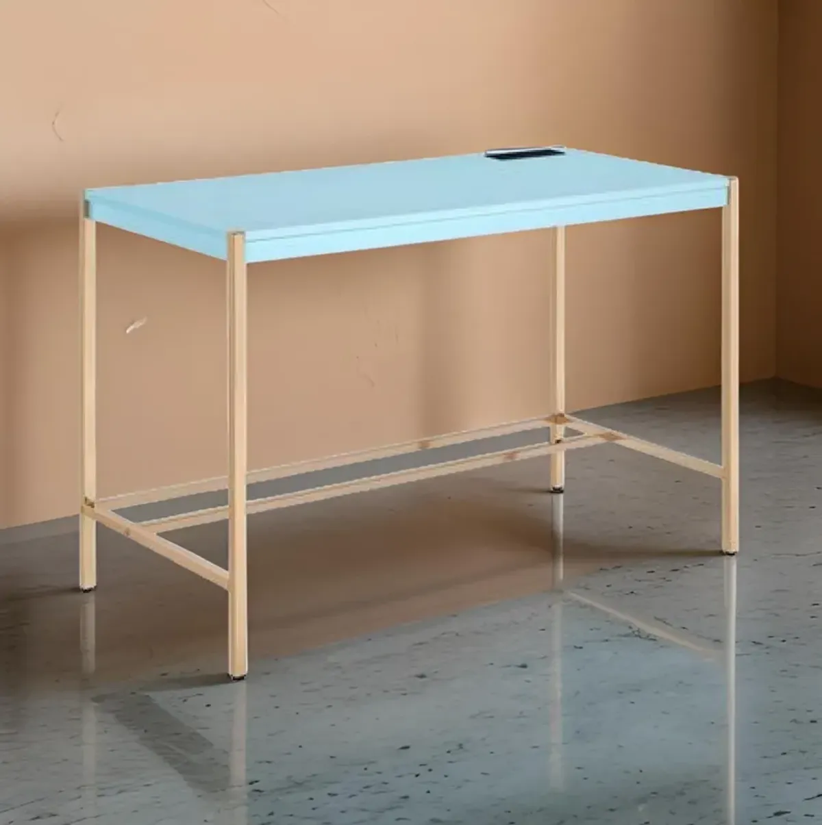 Writing Desk with USB Dock and Metal Legs, Sky Blue and Gold-Benzara