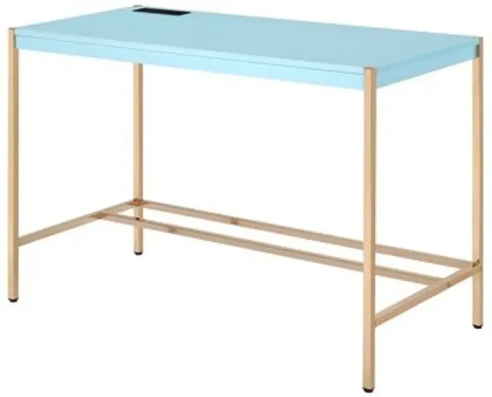 Writing Desk with USB Dock and Metal Legs, Sky Blue and Gold-Benzara