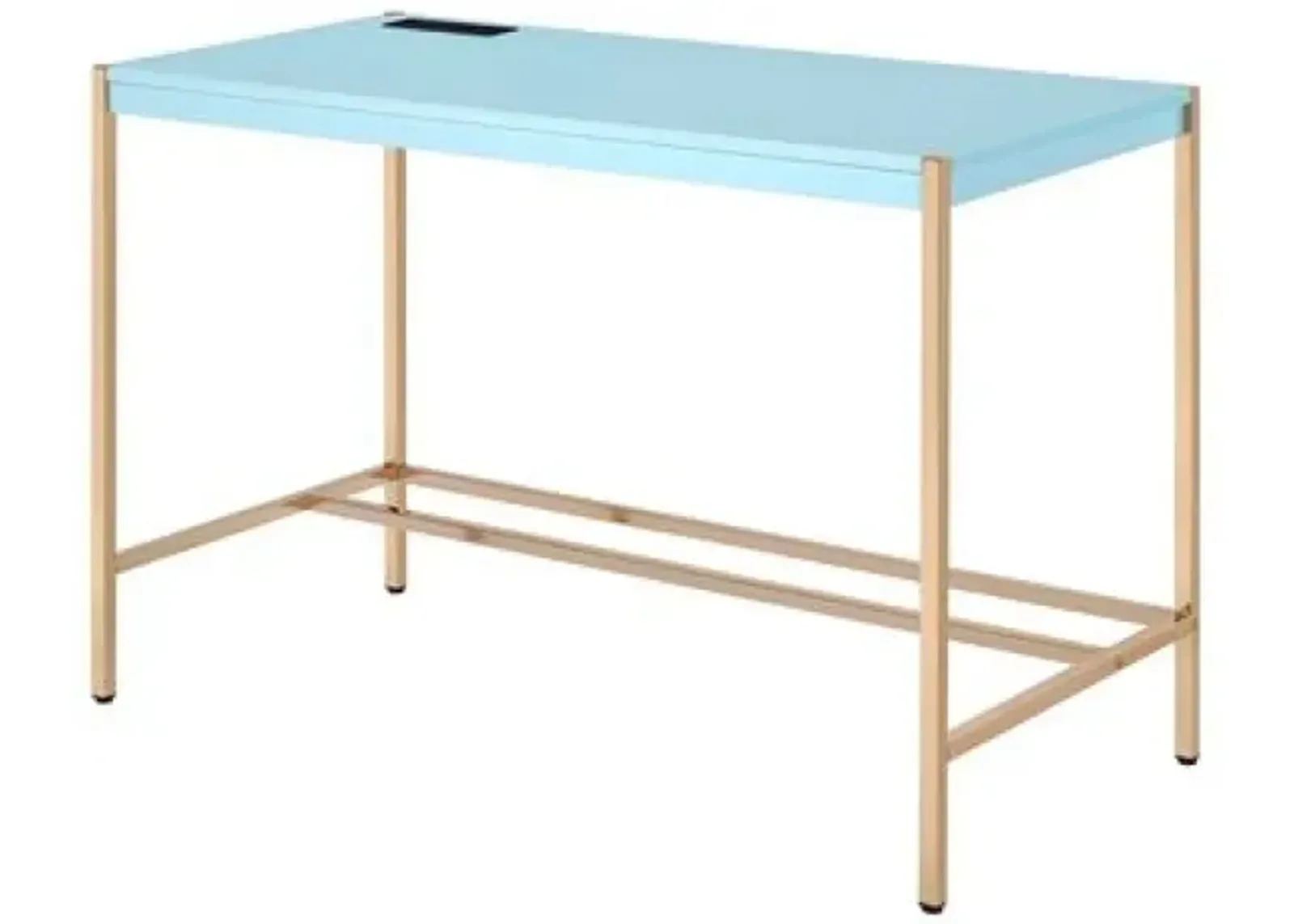 Writing Desk with USB Dock and Metal Legs, Sky Blue and Gold-Benzara