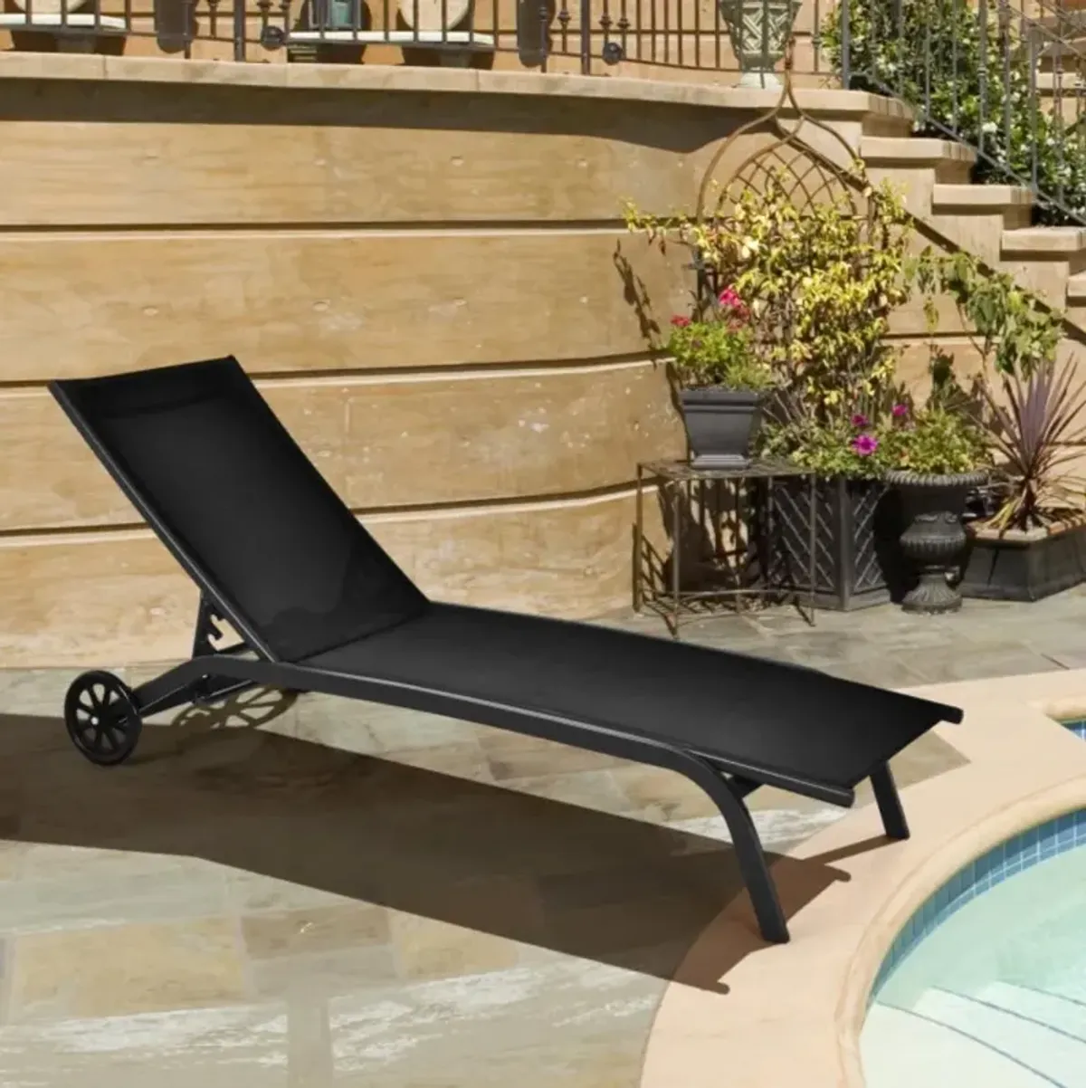 Hivvago 6-Poisition Adjustable Outdoor Chaise Recliner with Wheels