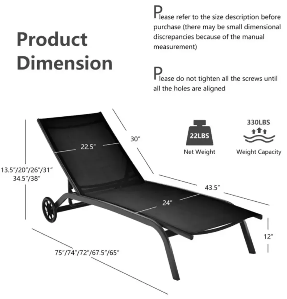 Hivvago 6-Poisition Adjustable Outdoor Chaise Recliner with Wheels