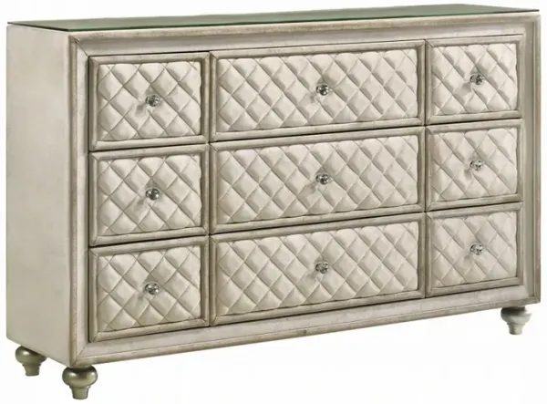 Willa Wide Dresser Chest, 9 Drawers, Faux Crystal, Tufted Beige Velvet - Benzara