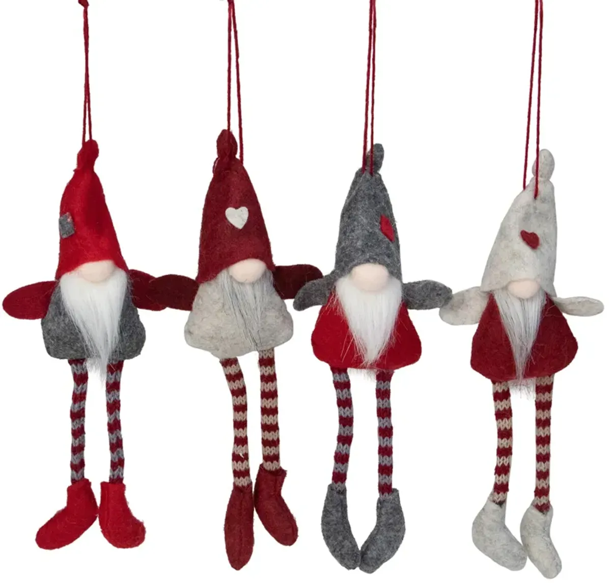 Set of 4 Red and Gray Plush Gnome Christmas Ornaments 9"