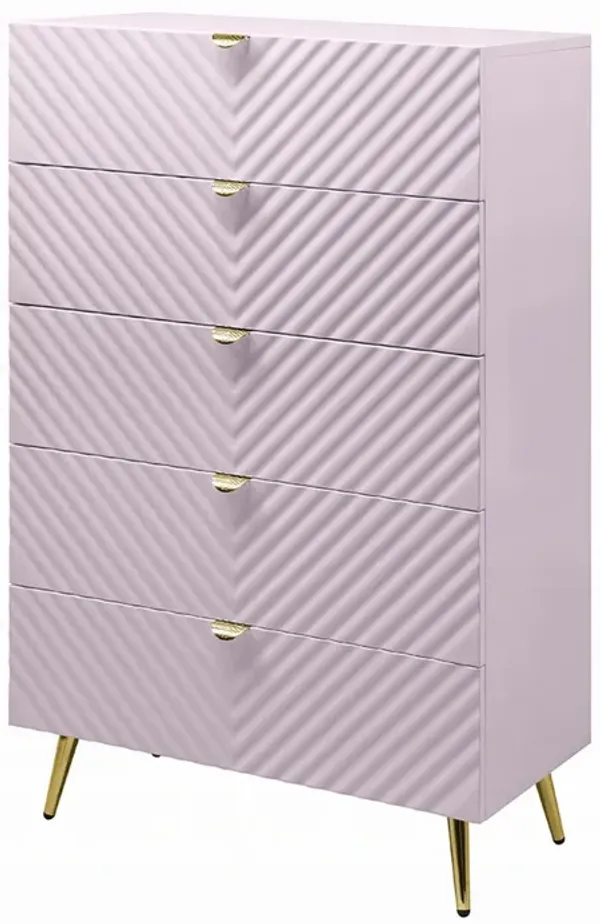 Tyra Tall Dresser Chest, 5 Drawers, Gold, Gloss Pink Chevron Pattern