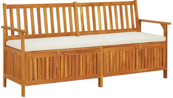 Outdoor Storage Bench, White Fabric Cushion, 66 Inch Brown Acacia Wood - Benzara
