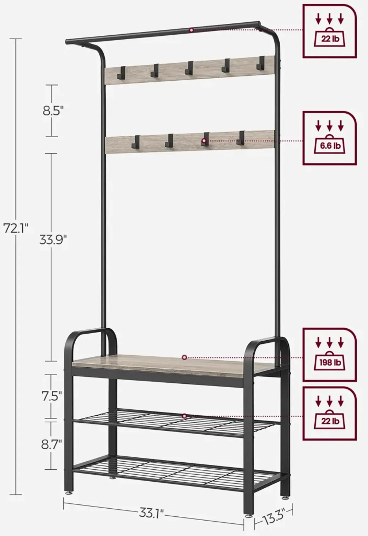 Coat Rack Shoe Bench with Wood, Look Accent and Metal Frame