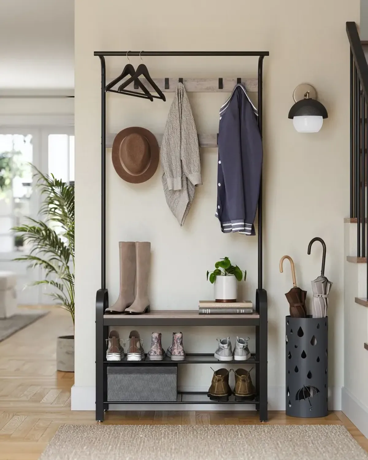 Coat Rack Shoe Bench with Wood, Look Accent and Metal Frame