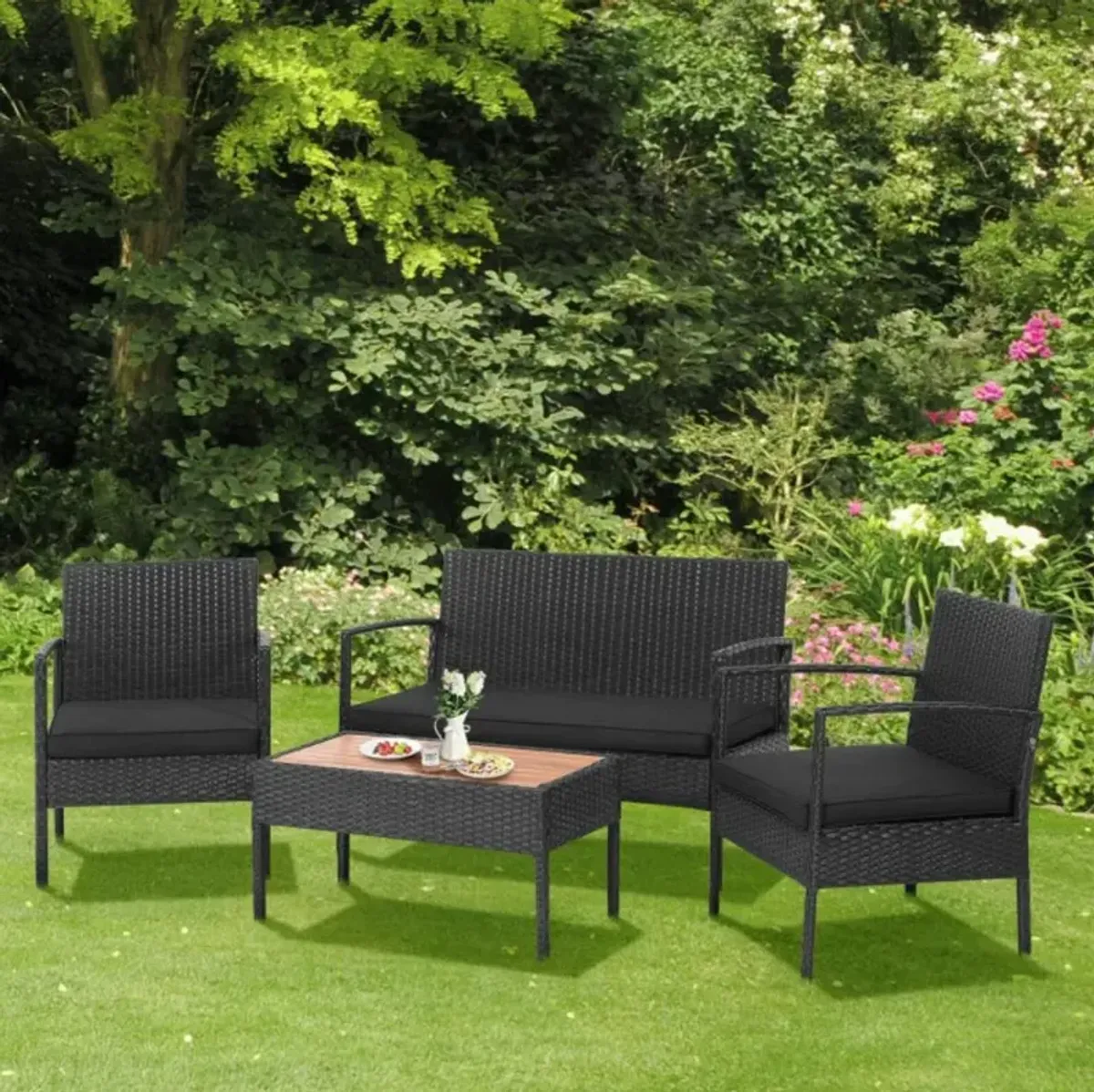 Hivvago 4 Pieces Patio Rattan Cushioned Furniture Set with Wooden Tabletop