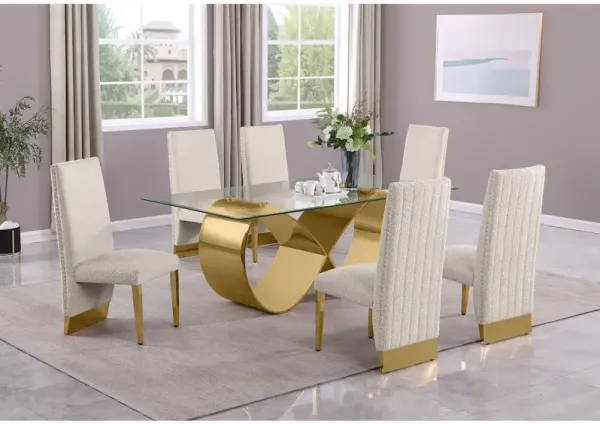 Best Quality Furniture 7Pc Tempered Glass Dining Set With 6 Cream Boucle Side Chairs And A Gold Base