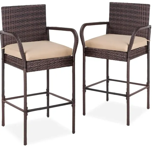 Set of 2 Wicker Bar Stools with Cushions – Indoor/Outdoor Furniture for Bar or Kitchen