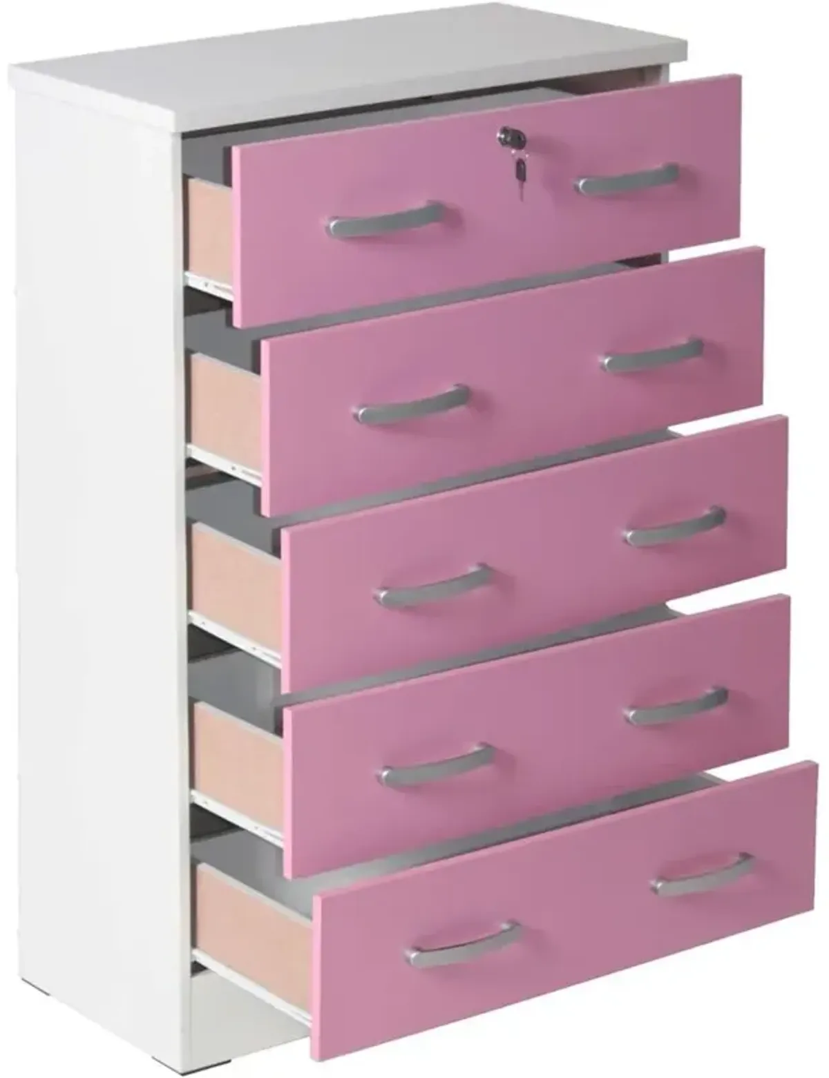 Better Home Products Cindy 5 Drawer Chest Wooden Dresser with Lock in Pink