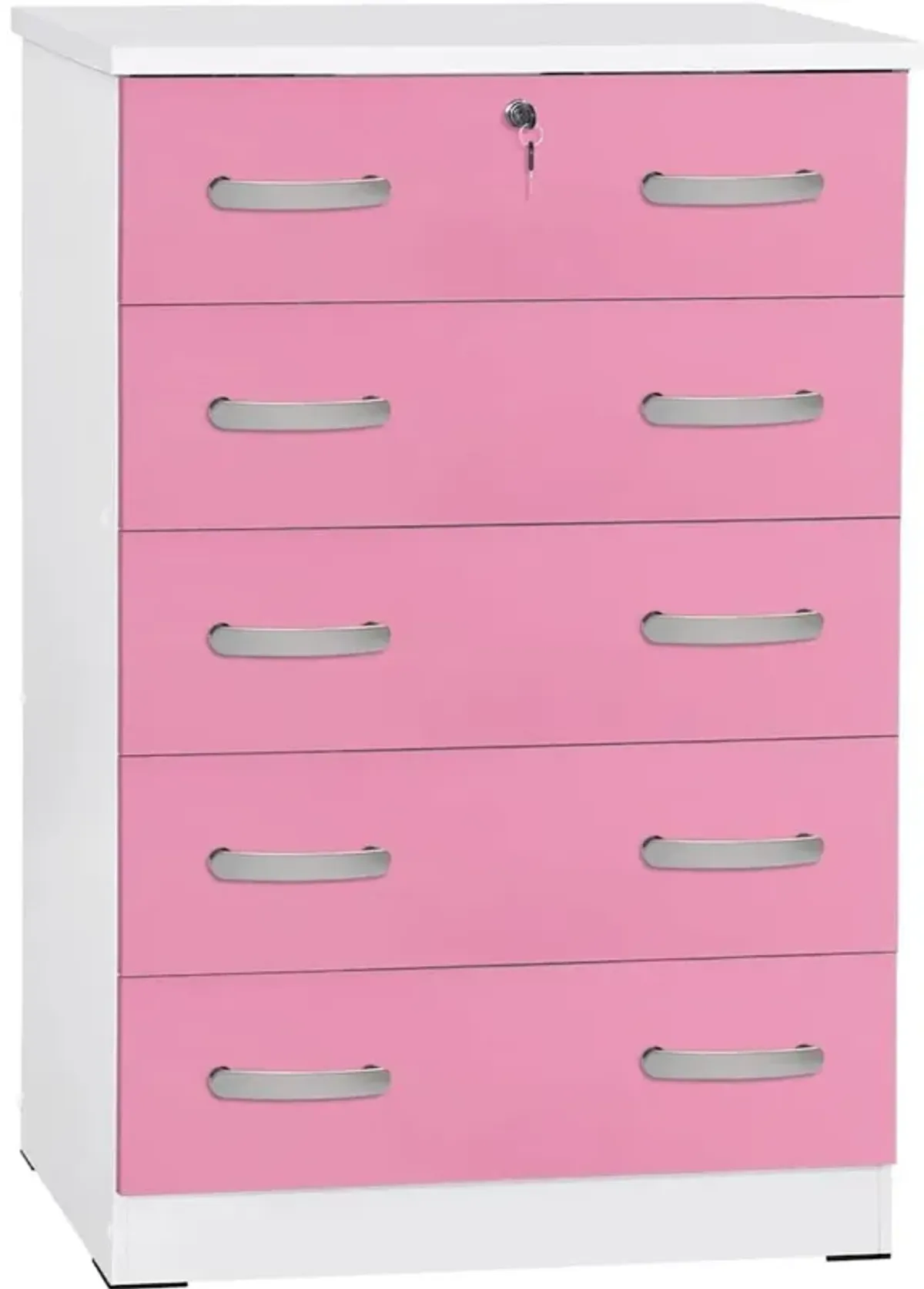 Better Home Products Cindy 5 Drawer Chest Wooden Dresser with Lock in Pink