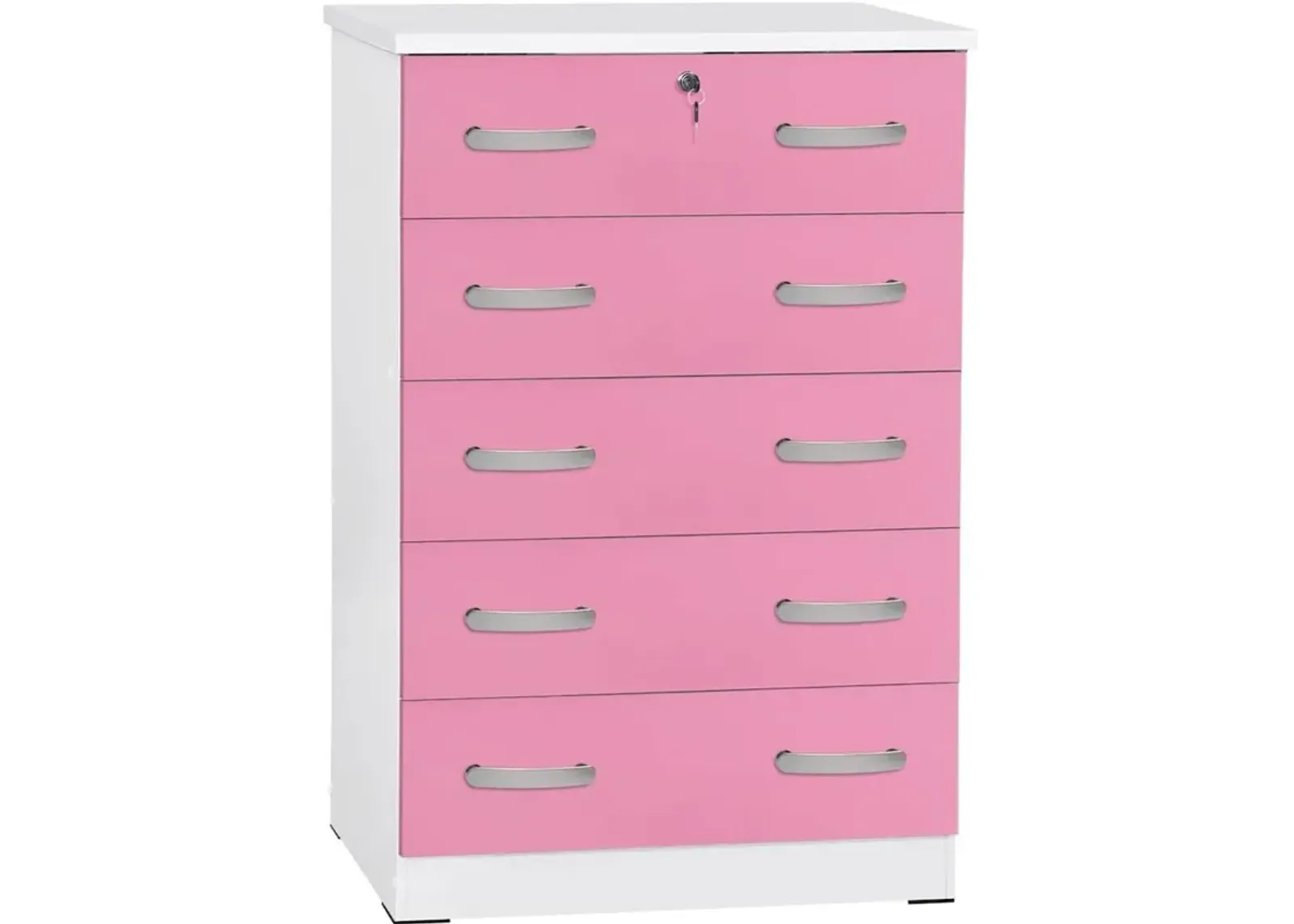 Better Home Products Cindy 5 Drawer Chest Wooden Dresser with Lock in Pink