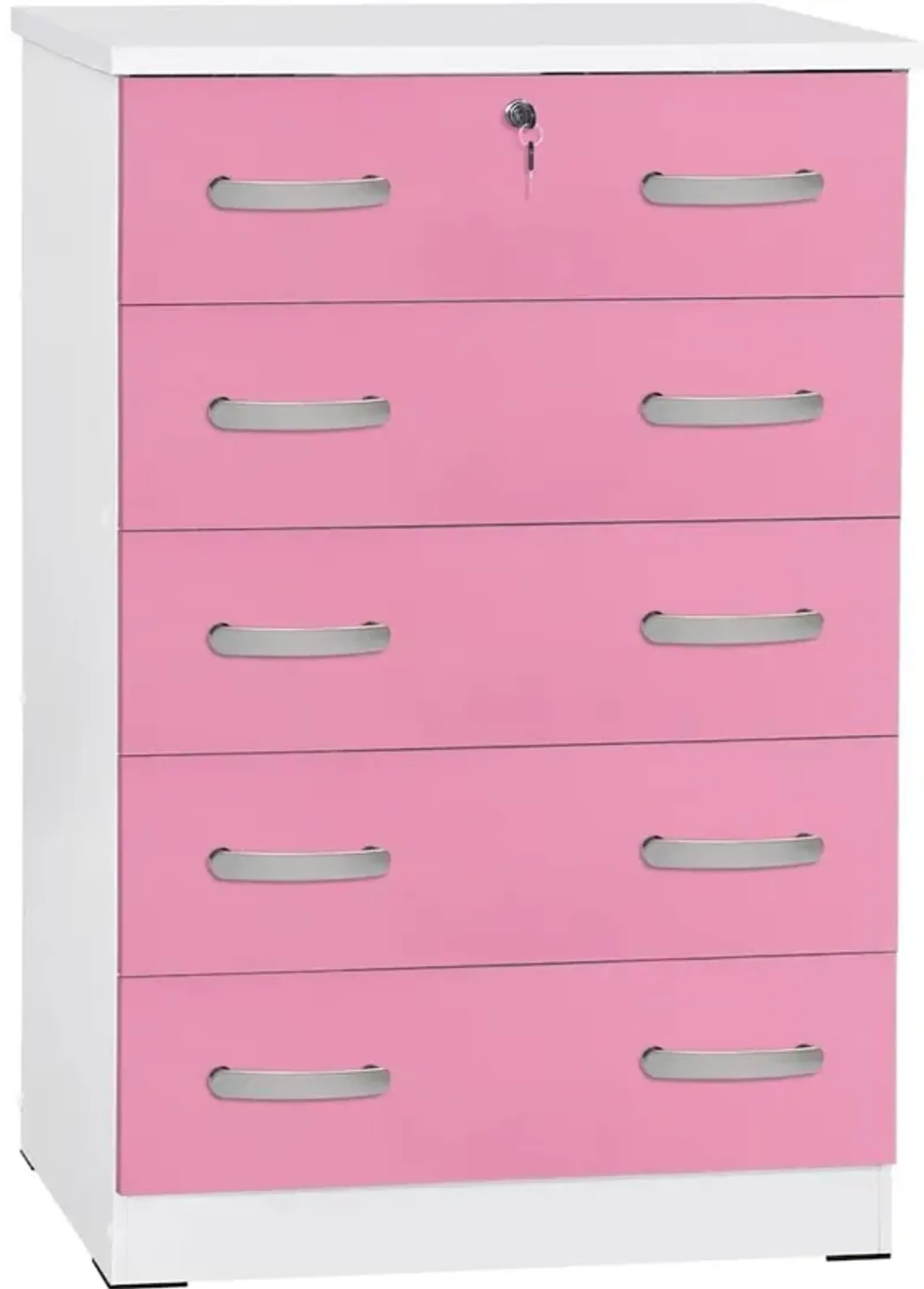 Better Home Products Cindy 5 Drawer Chest Wooden Dresser with Lock in Pink