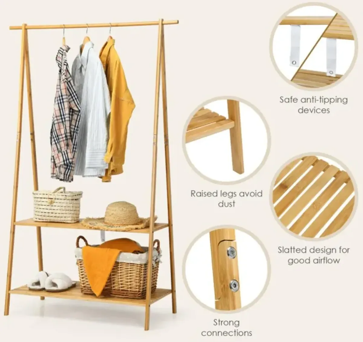 Hivvago Bamboo Clothes Hanging Rack with 2-Tier Storage Shelf for Entryway Bedroom