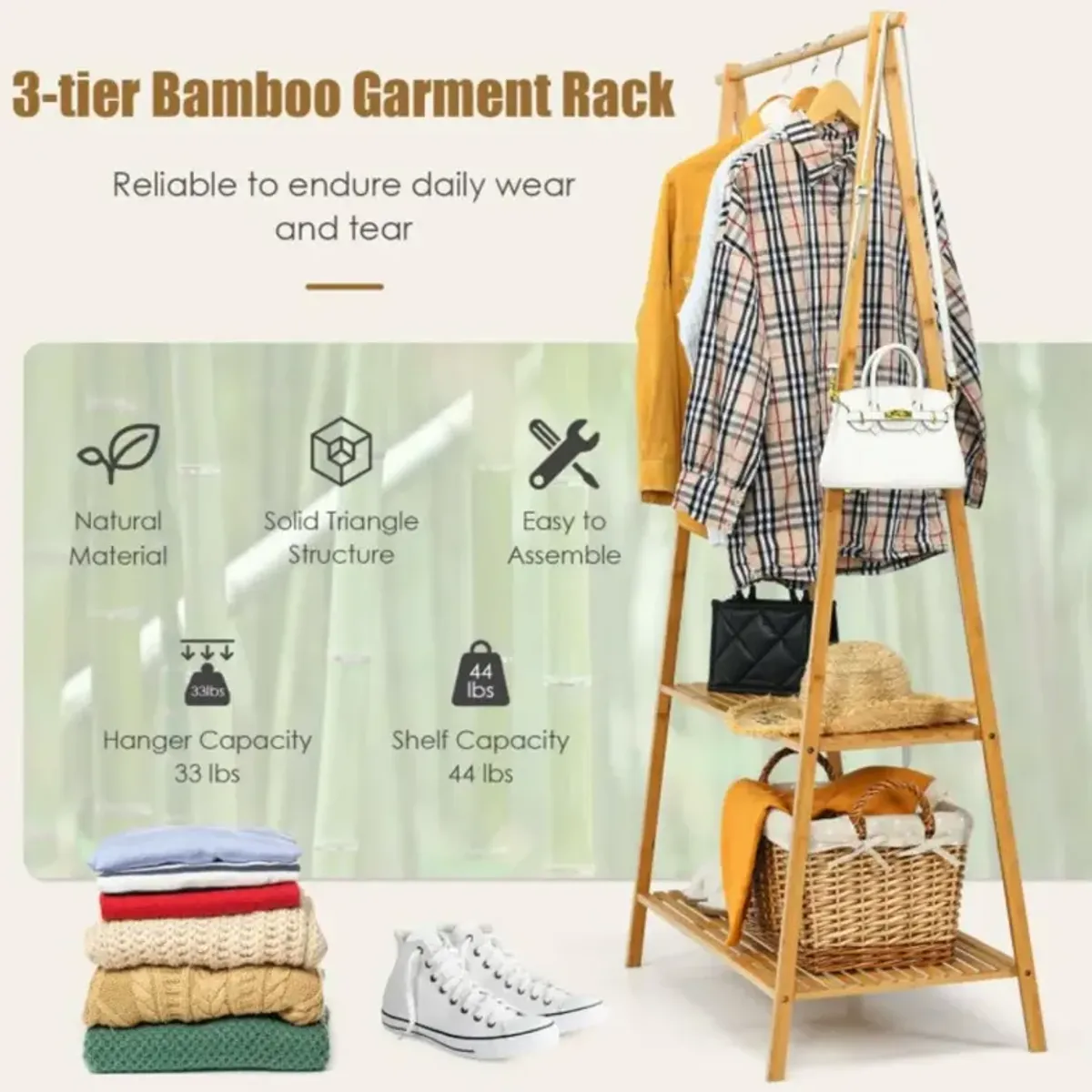 Hivvago Bamboo Clothes Hanging Rack with 2-Tier Storage Shelf for Entryway Bedroom