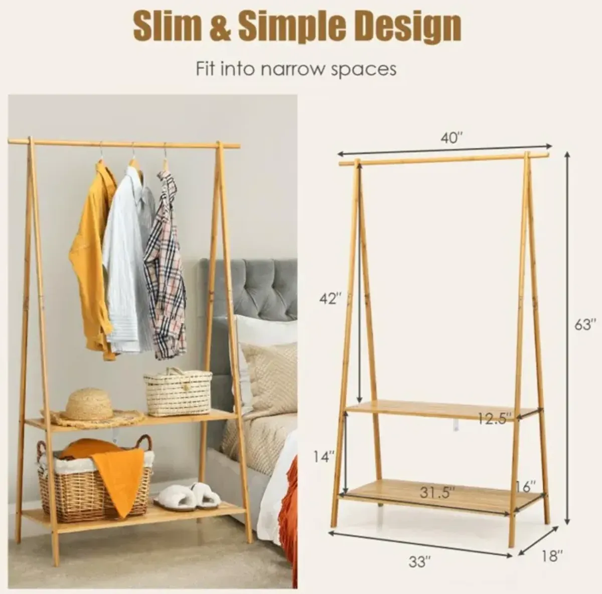 Hivvago Bamboo Clothes Hanging Rack with 2-Tier Storage Shelf for Entryway Bedroom