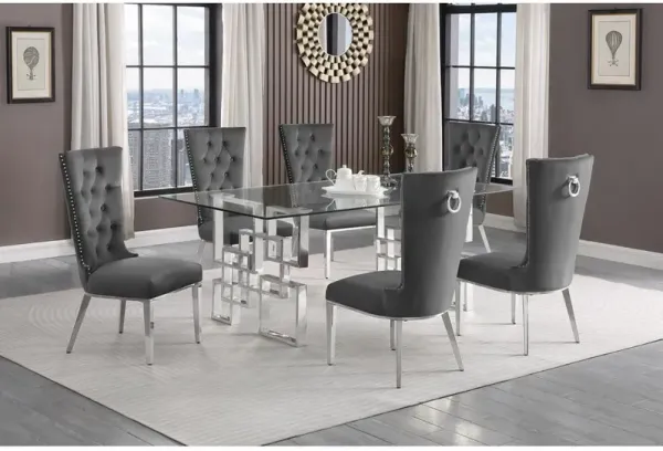7-piece glam dining set with 6 dark grey chairs and a 79" long glass  table