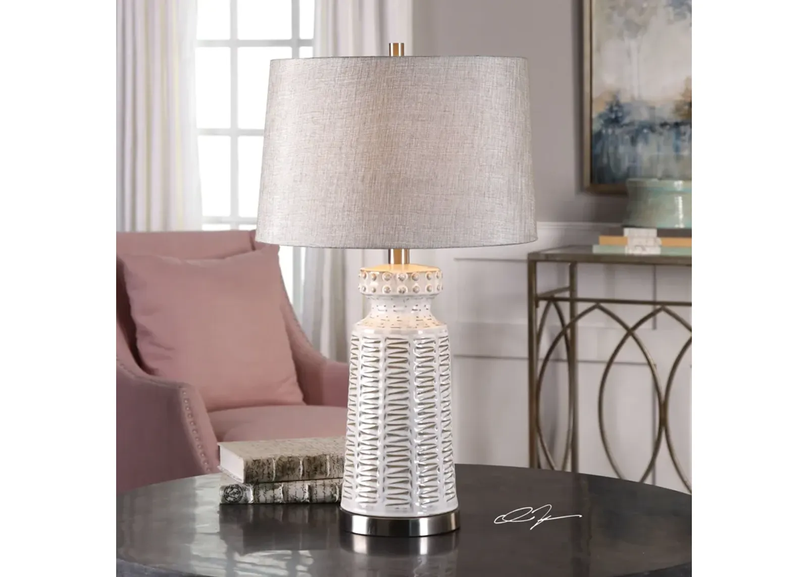 Uttermost Kansa Distressed White Table Lamp