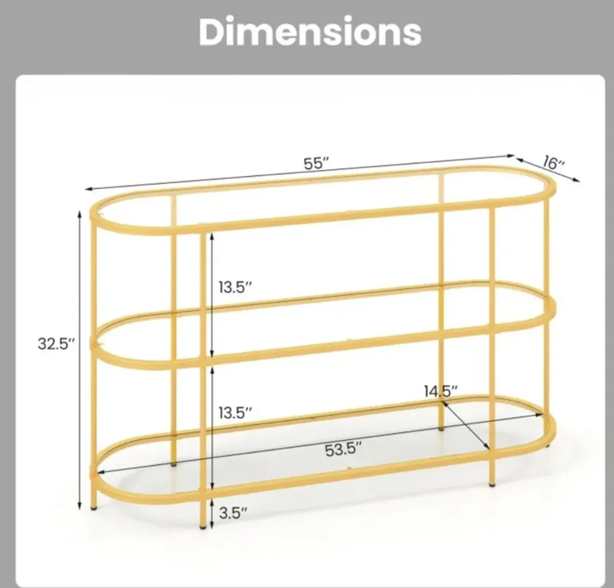 Hivvago 3 Tier TV Stand Console Table with Tempered Glass Shelves for Living Room-Golden