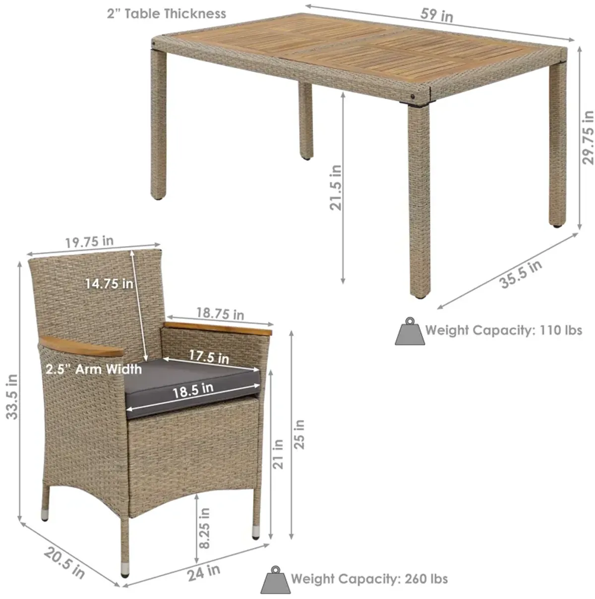 Sunnydaze Foxford Acacia Wood and Resin Rattan 7-Piece Patio Dining Set