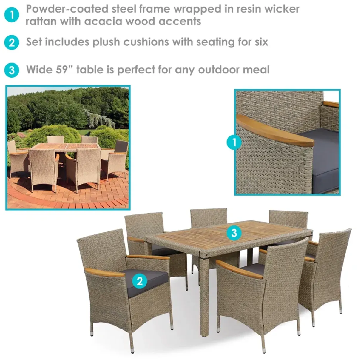 Sunnydaze Foxford Acacia Wood and Resin Rattan 7-Piece Patio Dining Set