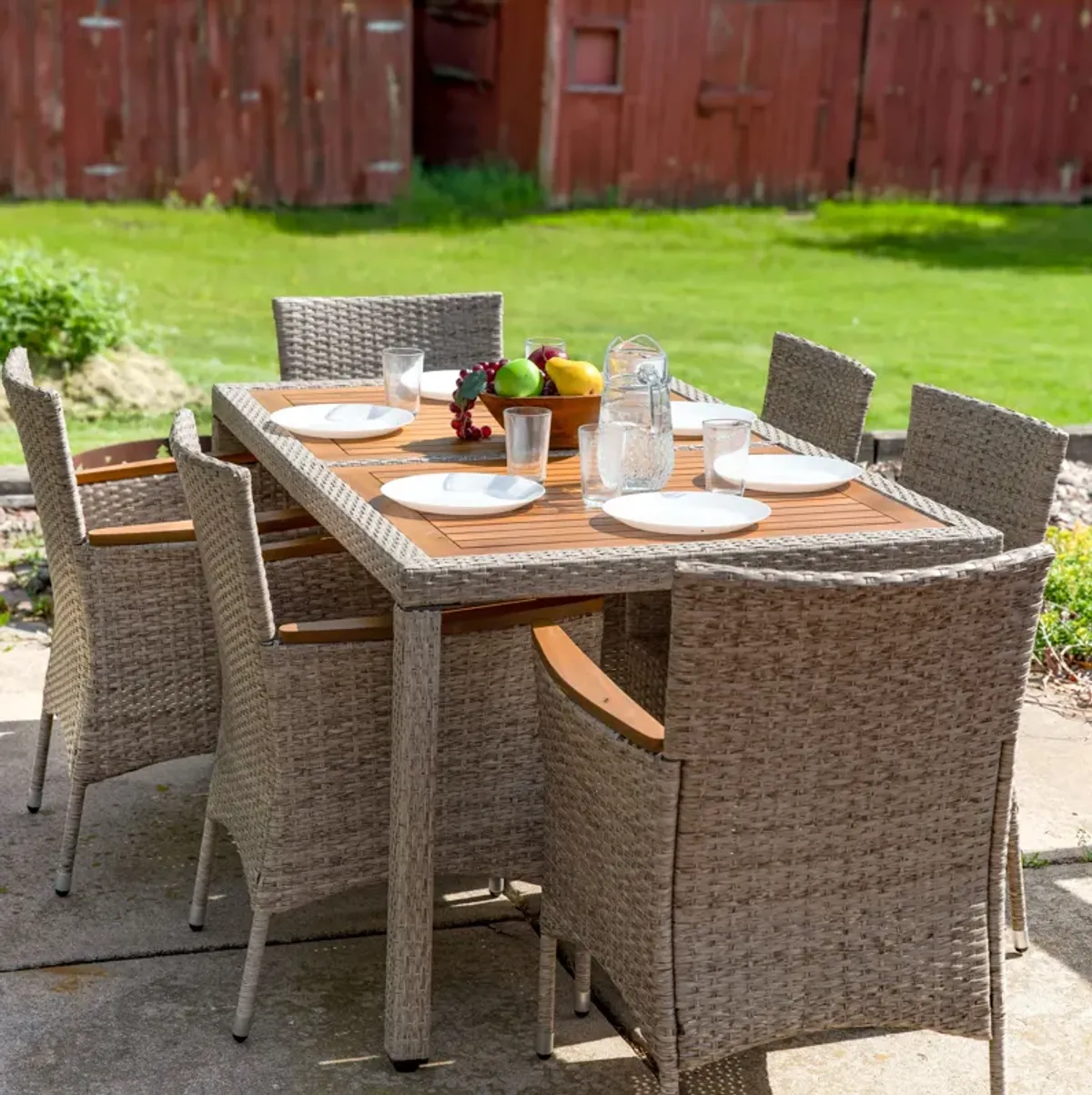 Sunnydaze Foxford Acacia Wood and Resin Rattan 7-Piece Patio Dining Set