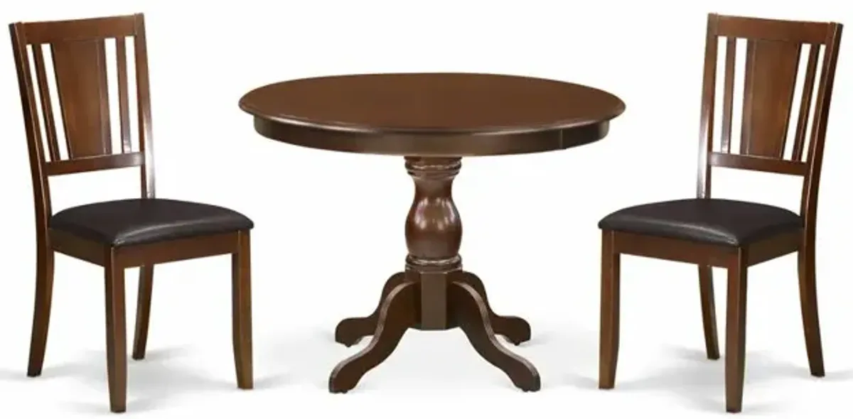 East West Furniture HBDU3-MAH-C 3 Piece Kitchen Table Set - Mahogany Dining Room Table and 2 Mahogany Faux Leather Comfortable Chairs with Panel Back - Mahogany Finish