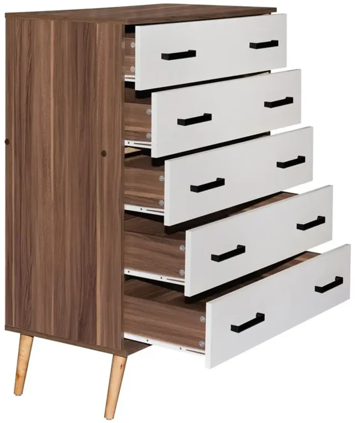 Better Home Products Eli Mid-Century Modern 5 Drawer Chest in Walnut & White