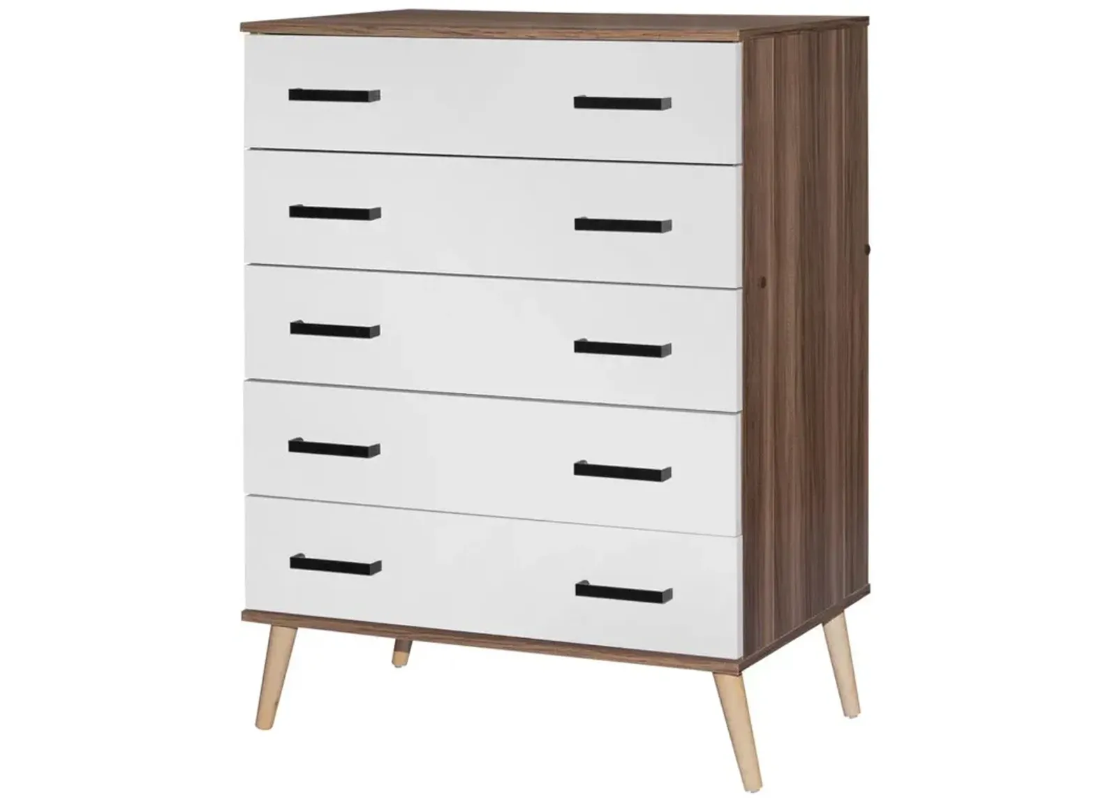 Better Home Products Eli Mid-Century Modern 5 Drawer Chest in Walnut & White