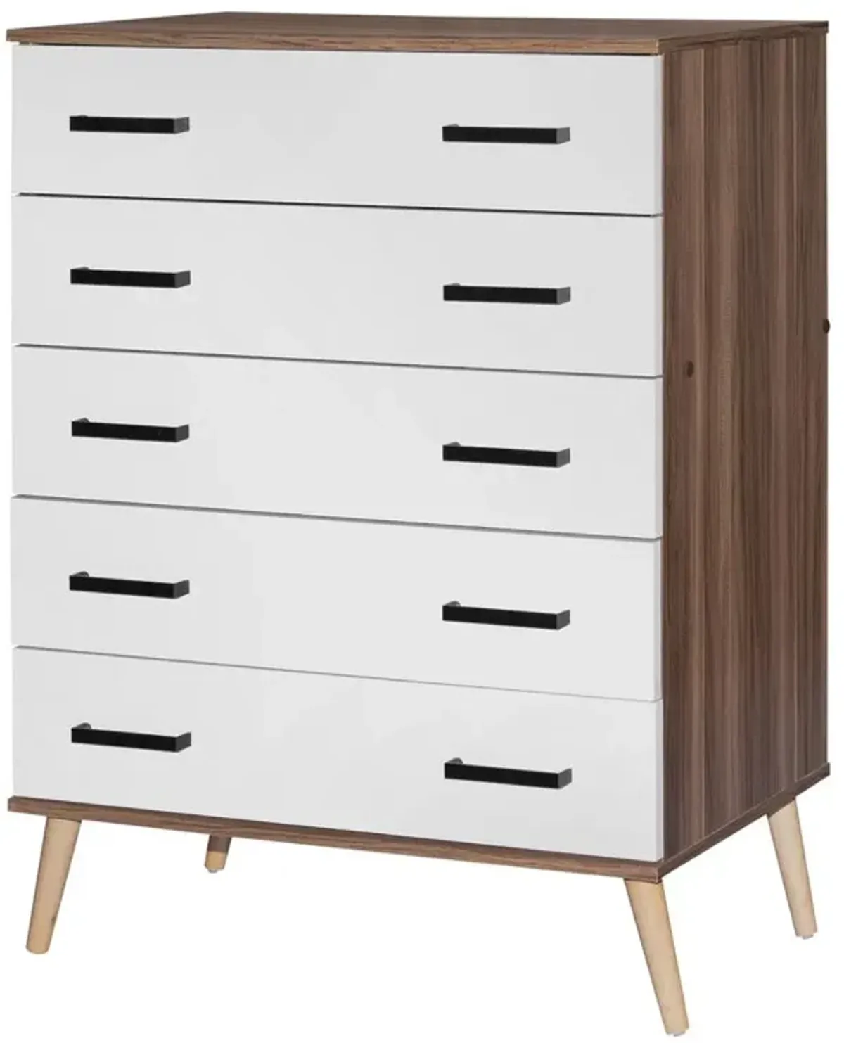 Better Home Products Eli Mid-Century Modern 5 Drawer Chest in Walnut & White