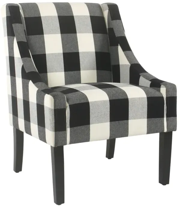 Fabric Upholstered Wooden Accent Chair with Buffalo Plaid Pattern, Black and White - Benzara