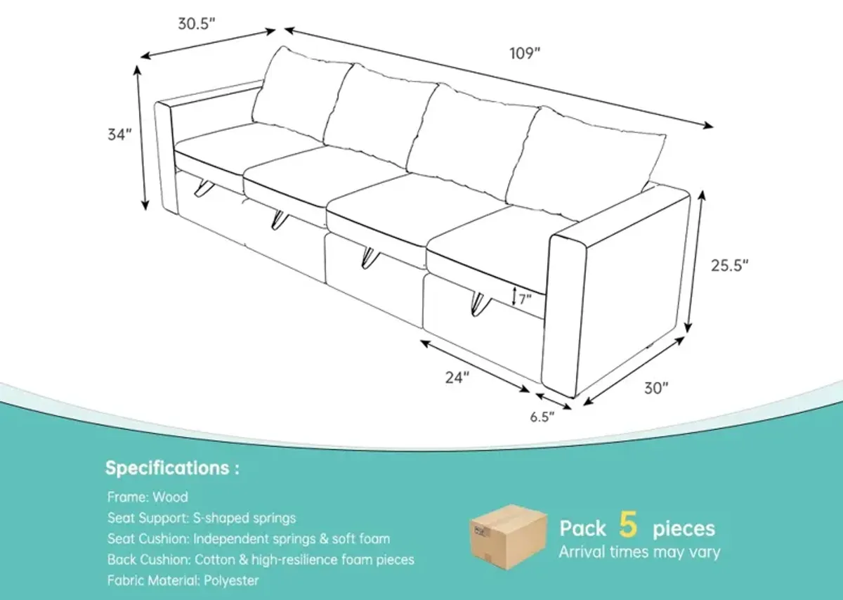 Livelylodge Modular 4-Seat Sofa with Wooden Frame and Pull-Out Bed, Convertible Sectional Sofa for Living Room, Available in Black, Beige, and Gray 109" L x 30.5" W x 34" H