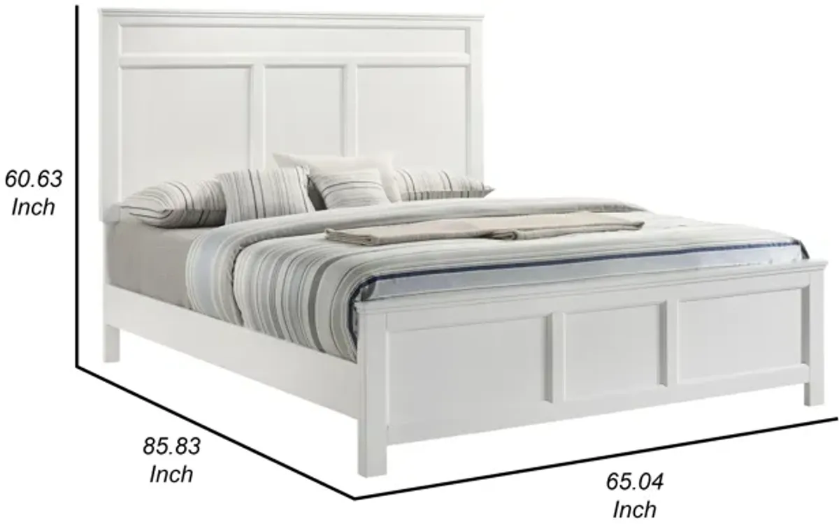 Aver Queen Size Bed, Transitional Carved Panel Design, White Wood Finish - Benzara