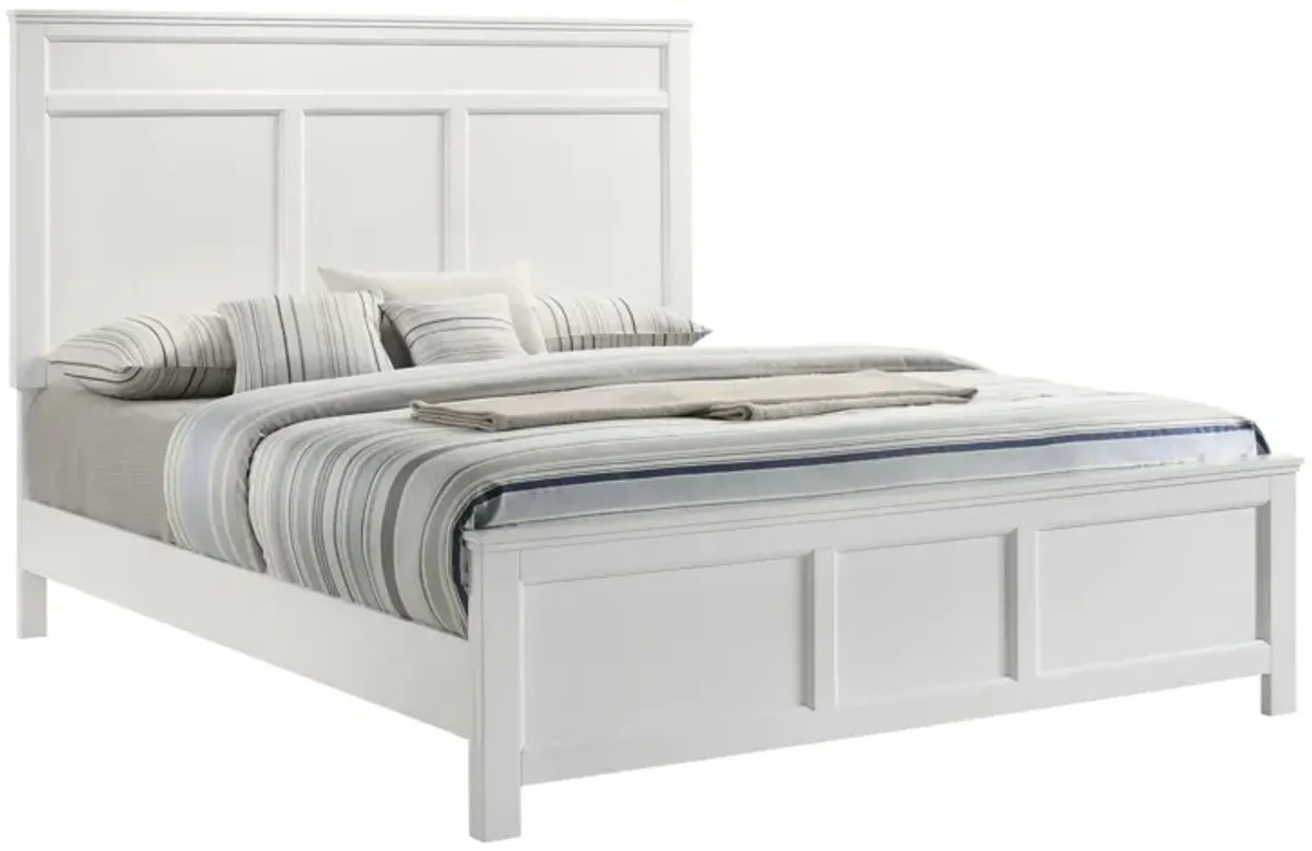 Aver Queen Size Bed, Transitional Carved Panel Design, White Wood Finish - Benzara