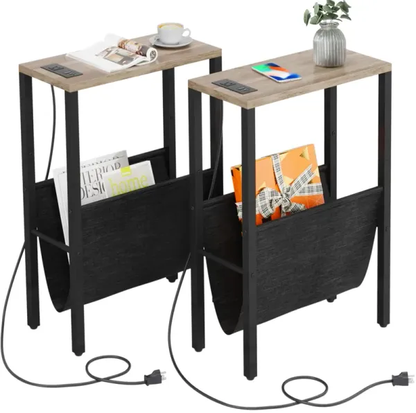 Vagusicc Narrow Side Tables with Charging Station, Set of 2, End Table with Storage Pouch for Small Spaces, Slim Nightstand with