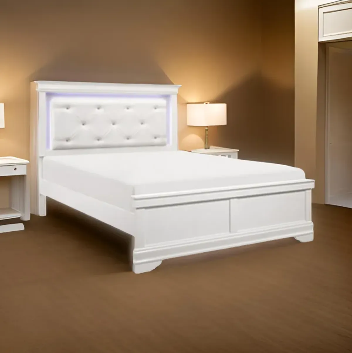 Teich Queen Bed, LED, Crystal Tufted Faux Leather Upholstery, White Wood - Benzara
