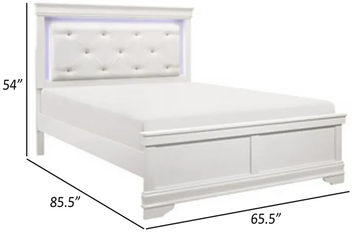 Teich Queen Bed, LED, Crystal Tufted Faux Leather Upholstery, White Wood - Benzara