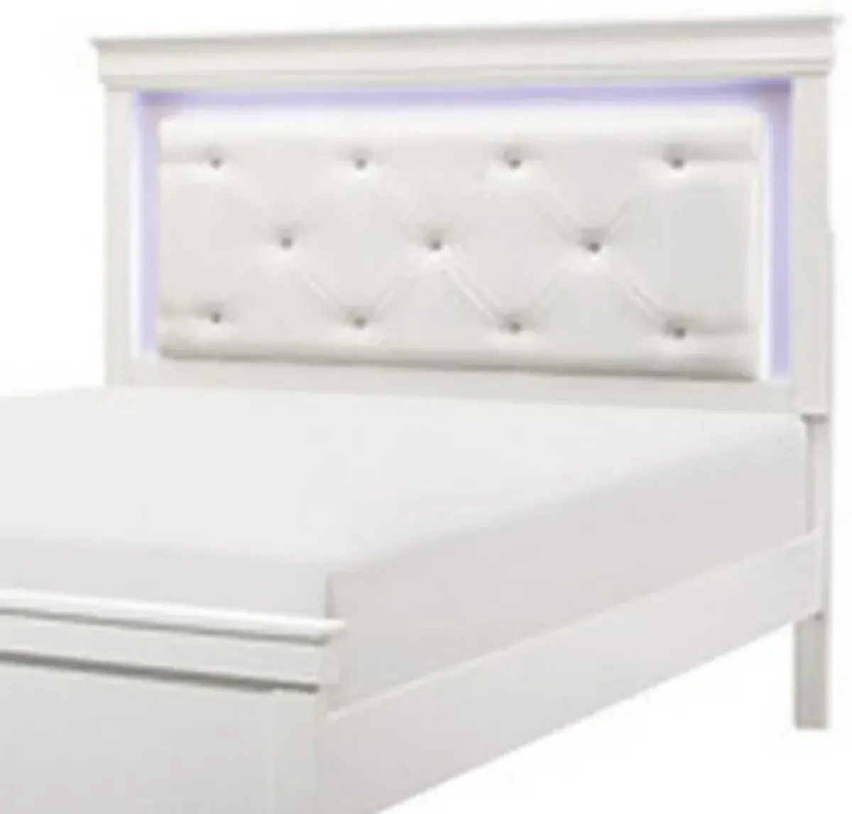 Teich Queen Bed, LED, Crystal Tufted Faux Leather Upholstery, White Wood - Benzara