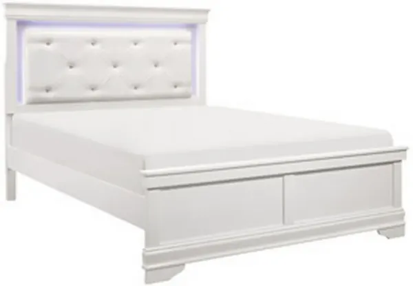 Teich Queen Bed, LED, Crystal Tufted Faux Leather Upholstery, White Wood - Benzara